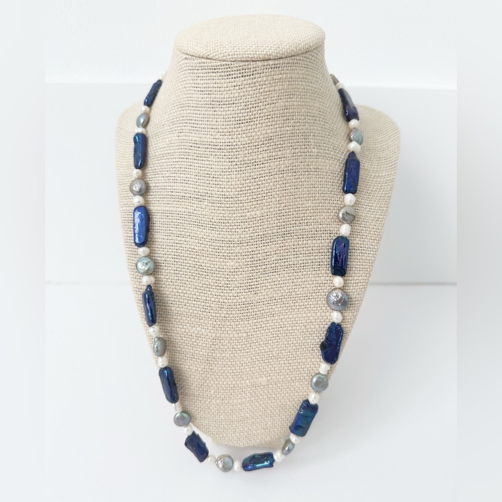 NWT Genuine Blue Pearls, Gray Pearls & White Pearls Necklace Beaded